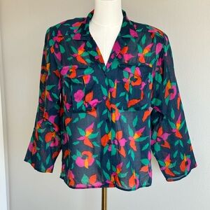 🌺 80s Vintage Liz Claiborne Semi-Sheer Navy Cotton Floral Shoulder Pads Blouse-4